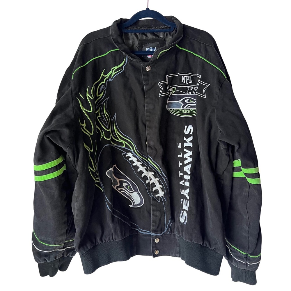 NFL Seattle Seahawks Varsity Jacket Mens XL Black Neon Green Embroidered Twill